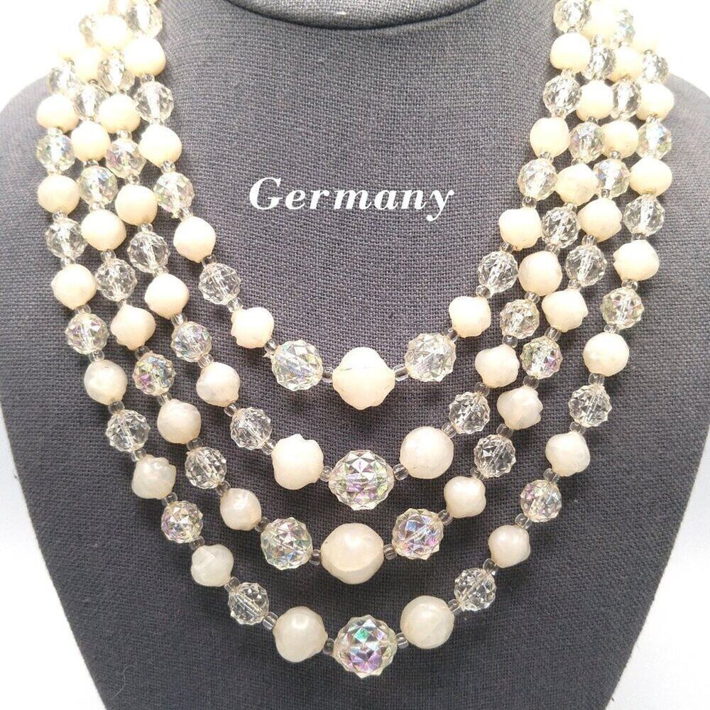 Vintage Germany Lucite Bead Necklace 4 Strand White AB 1950s Choker